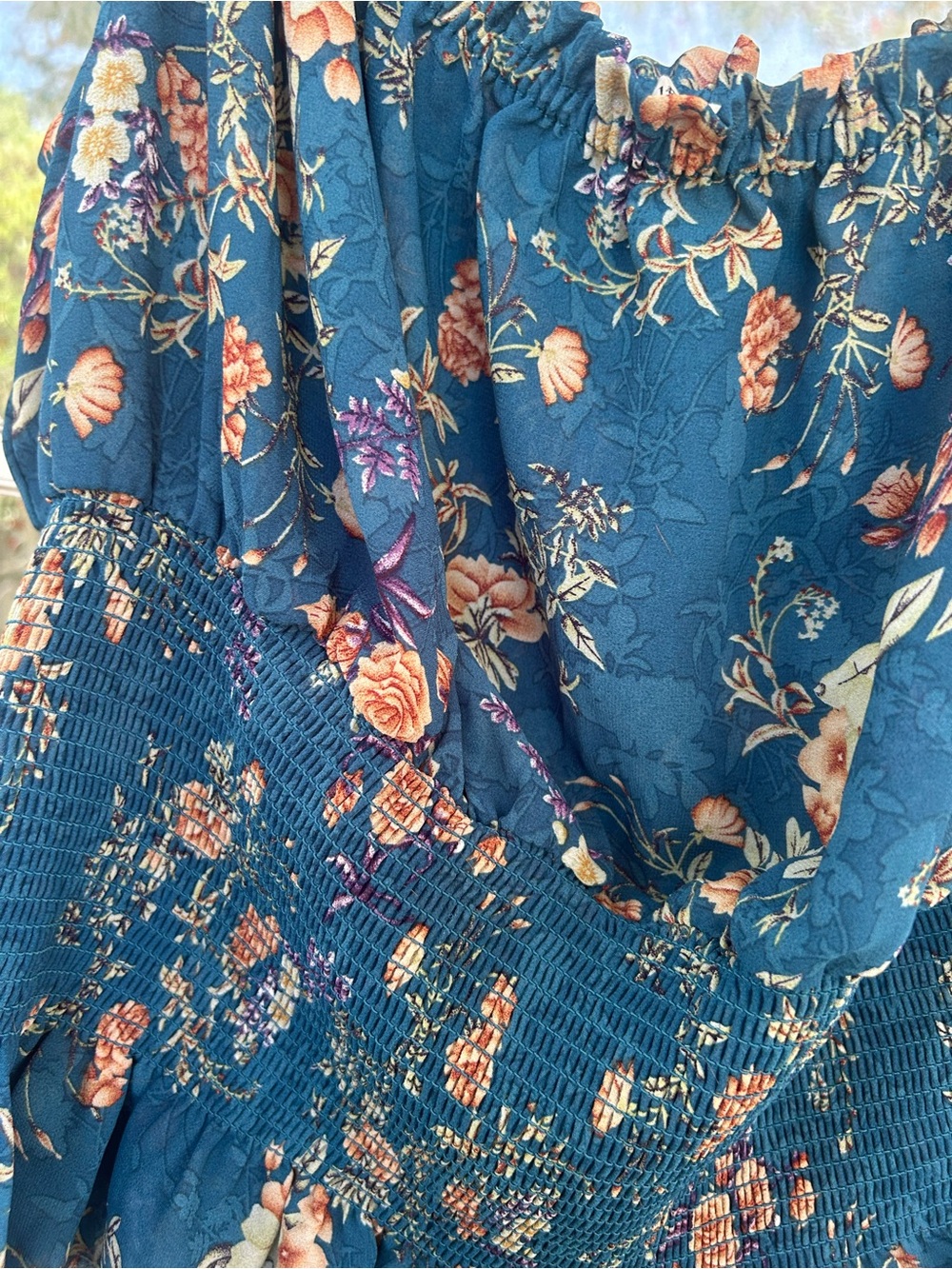 NATURAL LIFE Teal Floral Tie-Strap Smocked Peplum Top - Picture 2 of 5